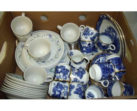 Selection of blue and white tea cups, side plates and Staffordshire part dinner service