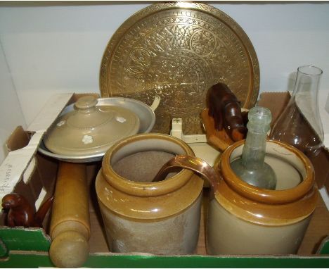 Two stoneware jars, carved wooden animals, brass embossed tray, set of Harper scales, saltglaze lid etc.