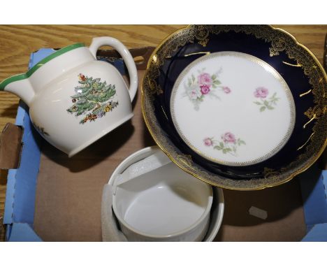 Limoges comport, Spode Christmas Tree jug and two large ramekins