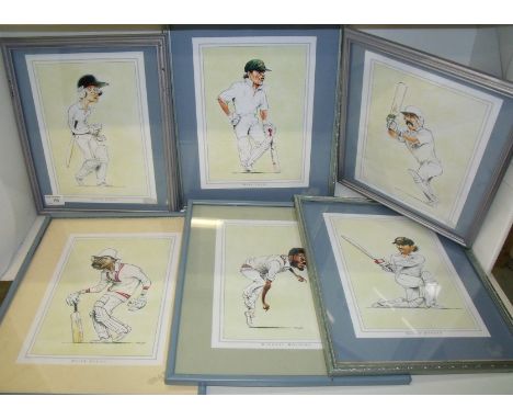 Six framed caricature pictures depicting cricketers including David Gower, Graham Gooch, Allan Border, Dean Jones, Michael Ho