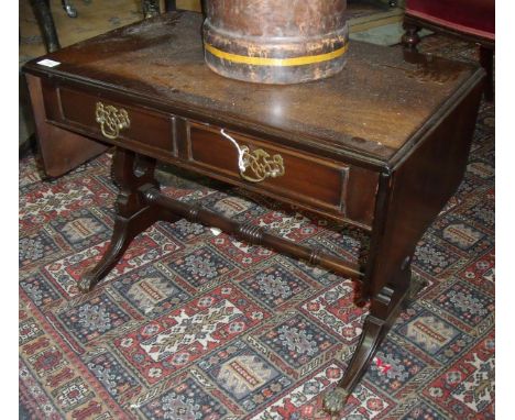 Small reproduction mahogany drop leaf sofa type table with two drawers (50cm high)