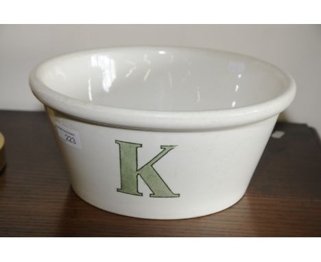 Early 20th C white glazed kitchen mixing bowl with letter K (diameter 28cm) 