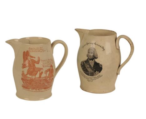 CREAMWARE JUG transfer printed in red with "The Governor of Europe stopped in his career", the reverse inscribed "Success to 