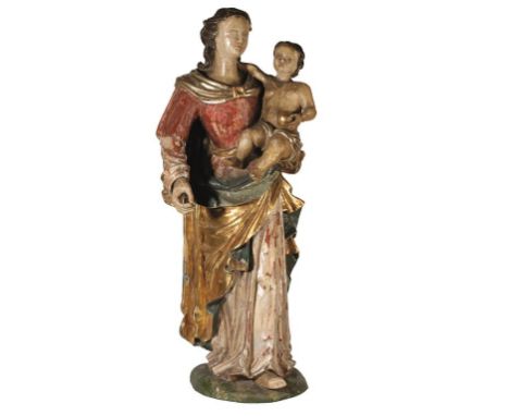 LARGE CONTINENTAL CARVED POLYCHROME FIGURE, 18TH / 19TH CENTURY, modelled as Madonna and Child, wearing rich coloured flowing