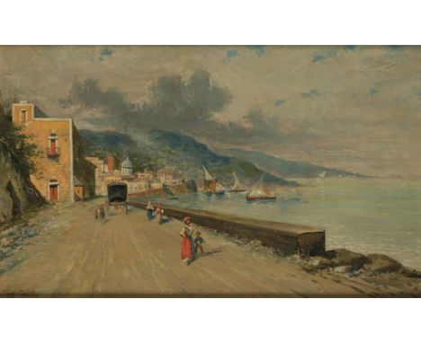 GIUSEPPE CARELLI (1858-1921) 'AMALFI, NEAR NAPLES' figures walking beside the sea, signed lower left, oil on panel, 23.5cm x 