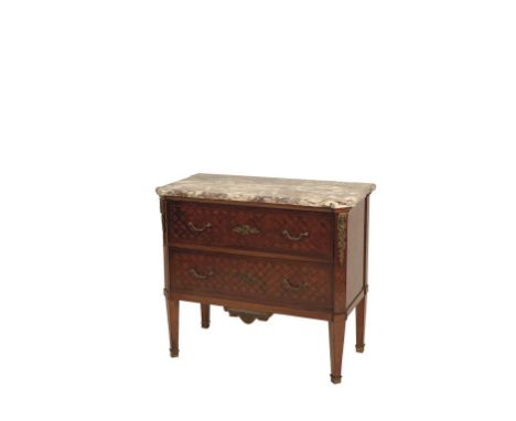 LOUIS XVI STYLE PARQUETRY COMMODE with a canted rectangular "breche violette" marble top over two drawers flanked by ormolu-m