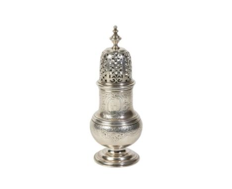 GEORGE II SILVER SUGAR SIFTER markers mark rubbed, London, 1738, baluster form, pierced pull off cover, knop finial, crested,