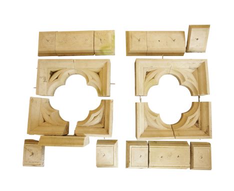 PAIR OF GEORGE III STYLE PORTLAND STONE ARCHITECTURAL STYLE QUATREFOILS, each on a plinth base, 89cm high x 81.5cm wide