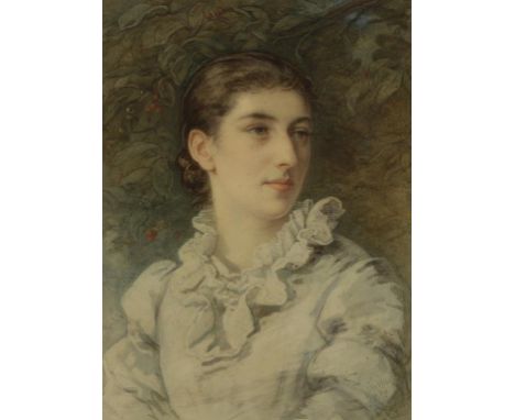 GUIDO BACH (1828-1905) A bust length portrait of a young lady wearing a white blouse with ruffled collar, standing before fol