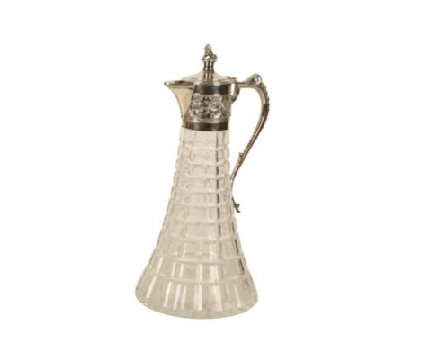 CORONATION SILVER MOUNTED AND CUT GLASS CLARET JUG by Roberts & Belk, Sheffield, 1977, tapering form, hinged silver cover, li
