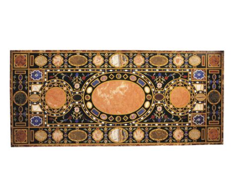 FLORENTINE STYLE SPECIMEN MARBLE TABLE TOP of rectangular form, with a central oval panel flanked by smaller circular panels 