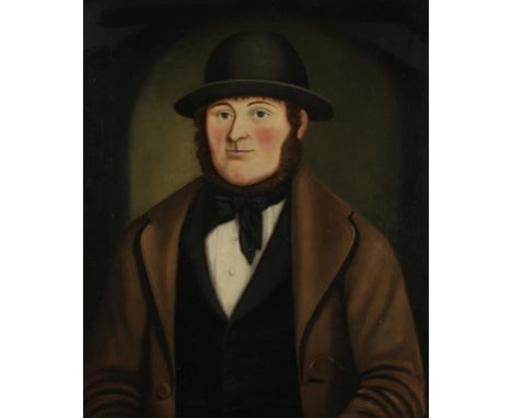 ENGLISH SCHOOL, 18TH CENTURY A primitive style half length portrait of a farmer, wearing a brown overcoat, black jacket and t