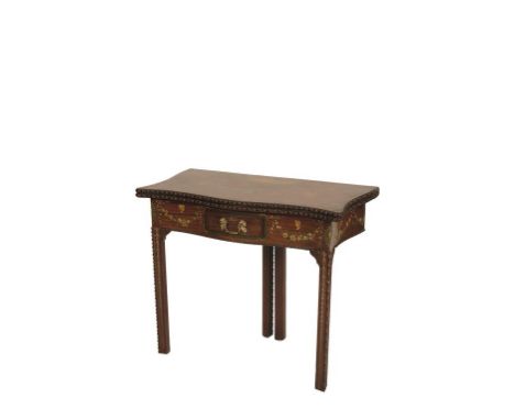 GEORGE III STYLE PAINTED MAHOGANY CARD TABLE with carved borders and a folding serpentine top painted with a lunette containi