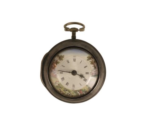 SILVER PLATED PAIR CASED POCKET WATCH BY J.RICHARDS OF LONDON c.1880, with painted enamel hunting scene dial, Roman numerals 