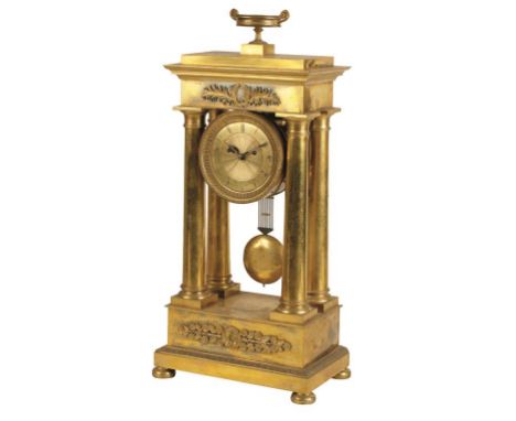 LOUIS XVI STYLE ORMOLU AND GILT METAL PORTICO CLOCK 19th century, with a bell striking movement and a brass-cased pendulum, 4