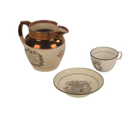 RARE COPPER LUSTRE POTTERY JUG inscribed with a portrait of "God Save Queen Caroline" together with a verse headed "Long Live