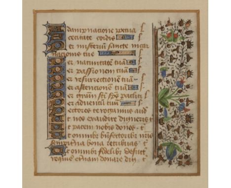 LATE MEDIEVAL MANUSCRIPT FRAGMENT with decorative lettering and borders, 7.5cm square.