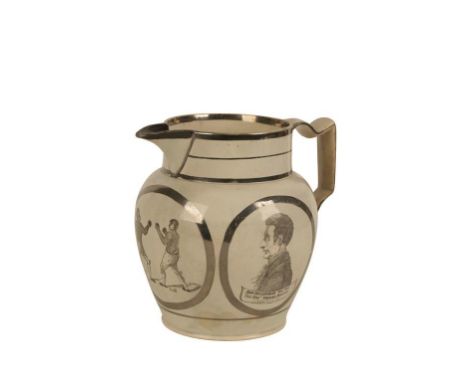 SILVER RESIST LUSTRE JUG with three circular panels, two depicting John Bellingham who shot the Hon. Spencer Percival on Mond