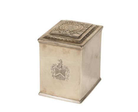 GEORGE III SILVER TEA CADDY by Edward Aldridge II, London, 1765, of rectangular form, the hinged cover with embossed foliate 