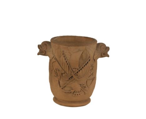 RARE DAVENPORT TERRACOTTA POTTERY WINE COOLER, circa 1805, moulded with a portrait of Admiral Lord Nelson flanked by branches