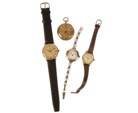 9CT GOLD CASED LADIES WRIST WATCHattached to a rolled gold bracelet, a gentleman's Omega wristwatch, a ladies Timex wristwatc