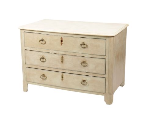 CONTINENTAL GREY PAINTED AND MARBLE EFFECT COMMODE, the rectangular top with moulded border above three long drawers with bra