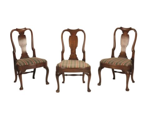 SET OF TEN GEORGE II "RED WALNUT" DINING CHAIRS, 18th century and later, with swept backs incorporating vase-shaped splats ov