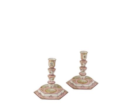 PAIR OF ENAMEL CANDLESTICKS c.1740