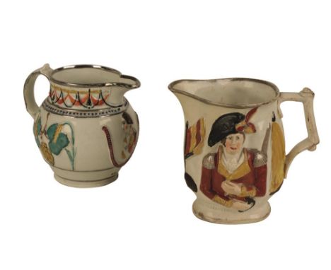 "PRATTWARE" JUG dedicated to "Earl Wellington" with a silver resist lustre rim, 12cm high, and another jug moulded with colou