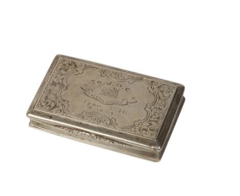 NATHANIEL MILLS: A VICTORIAN SILVER SNUFF BOX Birmingham, 1850, rectangular form, reeded sides, raised foliate clasp, crested