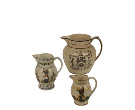 POTTERY JUG with painted borders and transfer printed vignettes to the body, including an oval portrait medallion of "Earl St