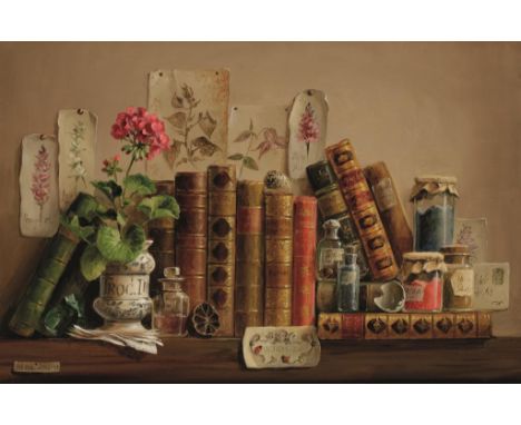 •DEBORAH JONES (1921-2012) 'RARE BOOKS' A still life study of books, flowers and other items on a shelf, signed and dated '93