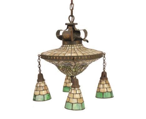 ART NOUVEAU LEADED GLASS CEILING LIGHT in the manner of Tiffany, the central section decorated with irises in coloured glass 