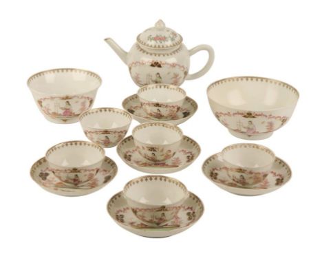 CHINESE EXPORT FAMILLE ROSE TEA SERVICE, 19TH CENTURY the sides finely painted with panels depicting figures working silk, ag