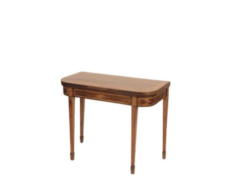 GEORGE III MAHOGANY CARD TABLE of Sheraton design, the folding rectangular top with rounded corners and inlaid with satinwood