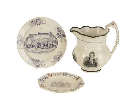 POTTERY JUG with portrait vignettes of Sir Francis Burdett, Baron Brougham and Vaux, Lord High Chancellor, and Joseph Hume, E