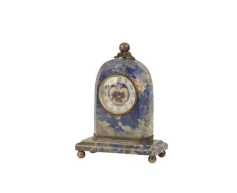 LAPIS LAZULI DESK CLOCK, the white enamel dial with Arabic numerals and painted pansy, the watch movement inner rim stamped "