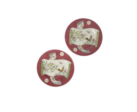 PAIR OF CHINESE EXPORT FAMILLE ROSE DISHES, 18TH CENTURY, each painted with scroll form panels depicting roosters and flowers