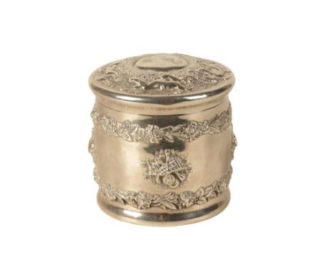 TIFFANY & CO: A STERLING SILVER TEA CADDY, impressed marks, no. 8793 / 1848, circular form, pull-off cover, decorated with ch