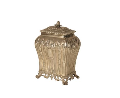 GEORGE III SILVER TEA CADDY by Pierre Gillois, London, 1770 , rectangular baluster form, pull-off rectangular cover, flower b