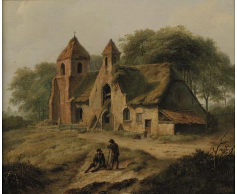 ASCRIBED TO PATRICK NAYSMYTH (1787-1831) Two men conversing before a barn, signed and dated 1824 lower left, oil on panel, 18