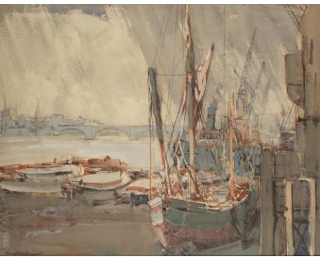 •ARTHUR HENRY KNIGHTON-HAMMOND (1875-1970) 'LONDON BRIDGE' a view of boats with the bridge to the distance, signed lower left