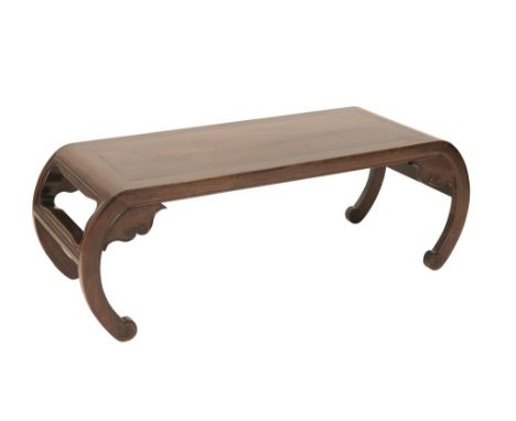 CHINESE HARDWOOD "KANG" TABLE on inverted scroll supports with carved corner brackets, 120cm x 45.5cm