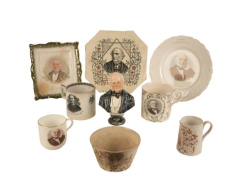 WILLIAM GLADSTONE: A COMMEMORATIVE POTTERY PLATE with a printed mark "Nestle and Huntsmen", 24.5cm wide; a ceramic panel pain