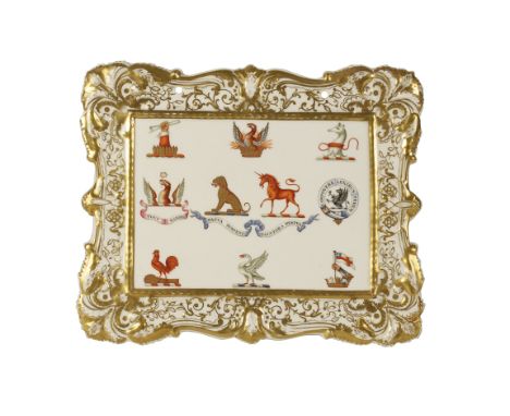 CHAMBERLAINS WORCESTER PORCELAIN PLAQUE of rectangular cartouche shape with gilt acanthus leaf border, the central panel pain
