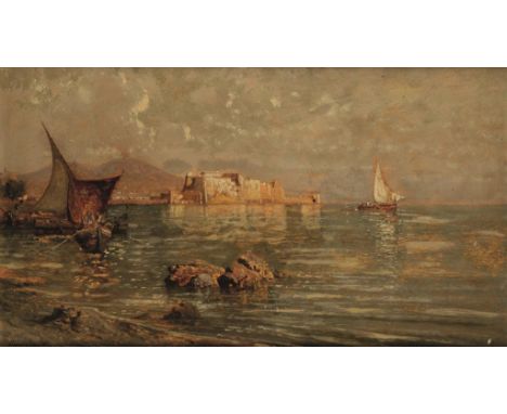 GIUSEPPE CARELLI (1858-1921) 'CASTEL DELL'OVO, SANTA LUCIA, NAPLES' looking over the water towards the castle, with boats to 