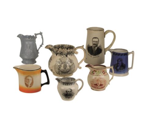 POTTERY "FARMERS" JUG with an inscription "God Speed the Plough" and another verse flanking a portrait vignette of Queen Vict