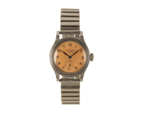 LONGINES STAINLESS STEEL GENTLEMAN'S WRIST WATCH c.1950s with manual wind movement, light brown coloured dial, Arabic numeral