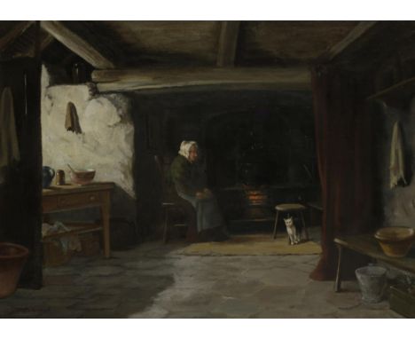 DAVID W. HADDON (FL. 1884-1912) An elderly woman seated beside a fire in an interior, signed lower right, oil on panel, 31.5c