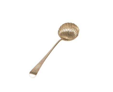 GEORGE II SILVER OLD ENGLISH PATTERN LADLE, by Paul Callard, London, 1757, shell shaped bowl, the stem engraved with a crest,